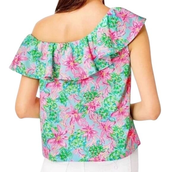 Lilly Pulitzer Zeldie One Shoulder Blouse Ruffle Size XS NWOT Preppy Pink Isle - Picture 2 of 9